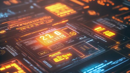 Abstract digital data streams with glowing orange and blue HUD elements.