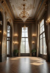 High ceiling and grand windows in a luxurious ballroom with chandelier , windows, airy