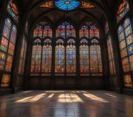 Obraz premium High ceiling with large stained glass windows, arched windows, undivided trinity