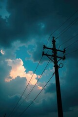 Stormy sky with utility pole against dark clouds, utility, wire, stormy