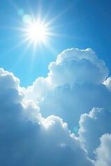 Sunshine peeking through the white clouds on a clear blue sky, airy, vast, sunshine