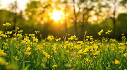 Obraz premium soft focus sunset field of yellow flowers and grass in golden hour light