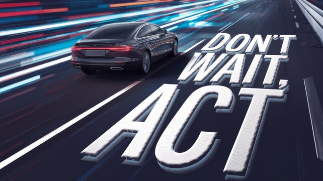 motivational white inscription "don't wait act" written on the road next to a car symbolizing speed and movement evoking urgency and determination