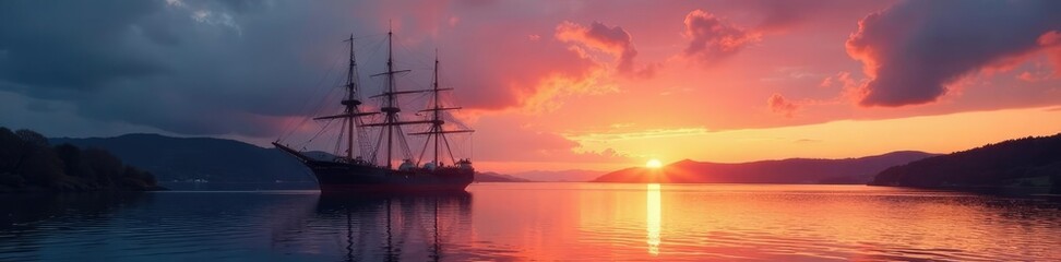 Tall ship anchored in the River Clyde at dawn, Scotland, nautical