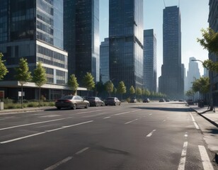 High-rise buildings and empty asphalt road with a few parked cars scattered along the side, modern architecture, high-rise buildings, deserted road