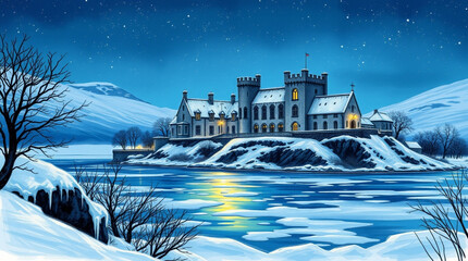 Snowy castle on hill against frozen lake in winter with light reflection in water