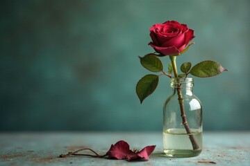 A dead rose stem and wilted leaves in a small, worn-out glass bottle, broken, vintage
