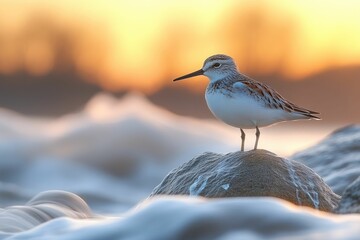 Obraz premium Sunset shorebird perched on rock, tranquil scene.