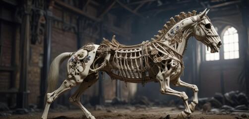 Horse skeleton with remnants of highly decorated harness , ancient nomad burial, eastern Europe, ritual practice