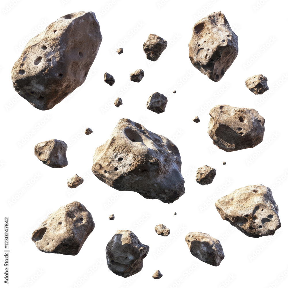 Poster realistic asteroids floating in space against black background