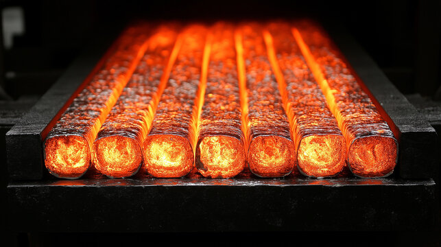 Hot steel billets in a factory.