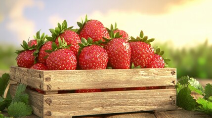 Fresh and Juicy Strawberries in a Wooden Crate on a Sunny Day