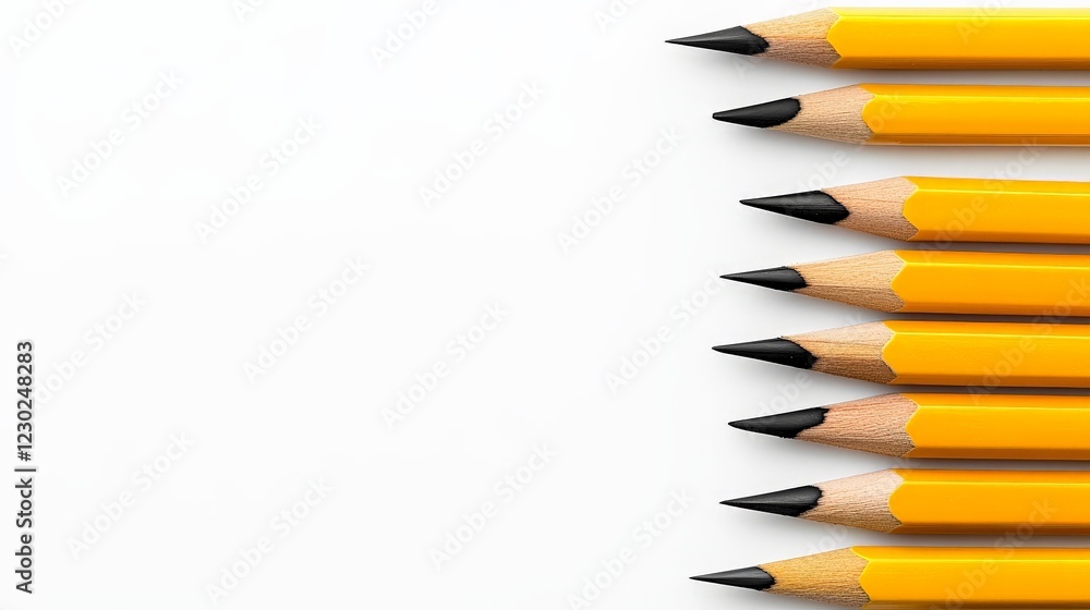 Poster yellow pencils ready to write: a row of sharpened yellow pencils stands in perfect alignment, poised