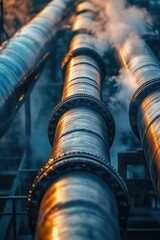 Pipes leading out of industrial smoke stacks at dusk. Conveying pollutants into the environment.