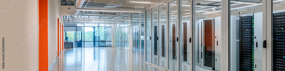 Poster modern data center interior with server racks and natural light