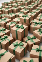 individual brown boxes placed around a plain white surface with a few strategically placed green ribbons, simple decor, scattered accents