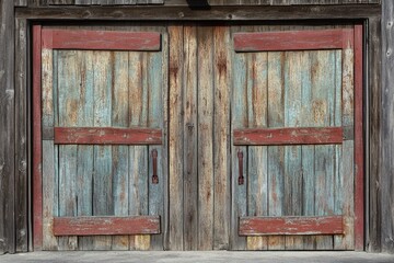 Two old garage doors with a faded red and blue color scheme, giving them a worn and weathered look.