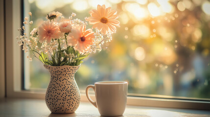 Celebrating International Women's Day with spring flowers and coffee, a peaceful morning at home.