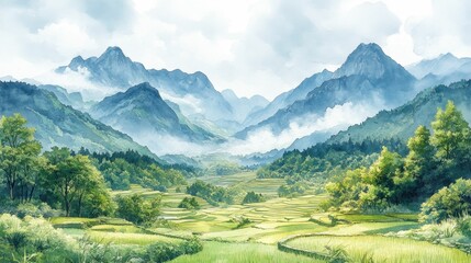Obraz premium Serene mountain valley rice terraces, misty peaks
