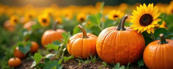 A pumpkin patch with bright orange pumpkins and yellow sunflowers, sunflower, garden, autumn flowers
