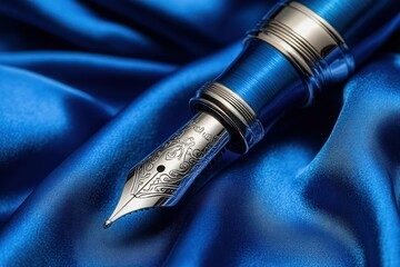 Naklejka premium Elegant Fountain Pen on Luxurious Blue Fabric