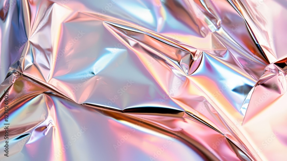 Poster abstract crumpled holographic foil generating iridescent, shimmering surface with dynamic metallic c