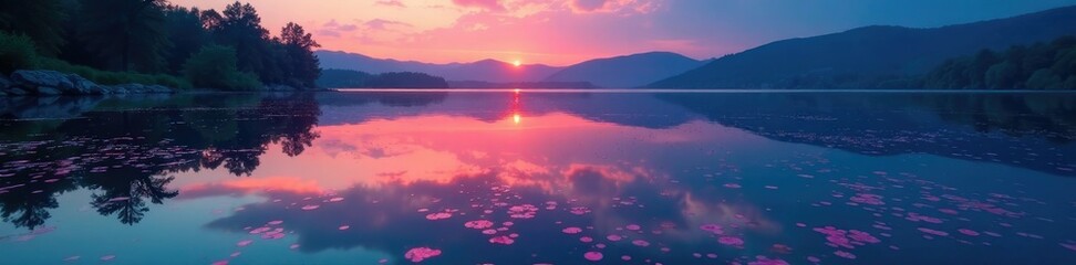Naklejka premium A serene lake's surface with glowing algae at dusk, water, iridescent