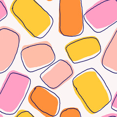 
Abstract seamless pattern with colorful hand-drawn shapes, doodles, and textures. Geometric and organic elements in bright, playful colors. Vector background with liquid,