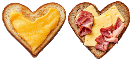 Heart shaped grilled cheese sandwich and open faced sandwich with cheese and ham, showcasing creative and appetizing