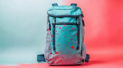 Stylish and Colorful Backpack with Paint Splatter Design on a Soft Gradient Background