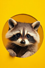 Raccoon peeking through a circular hole in bright background