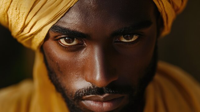Portrait of a solemn man looking forward with gold bandage around his forehead and neck, wearing traditional African clothing.