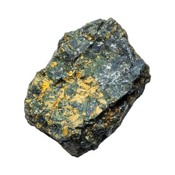 top view of uranium ore rock with green and yellow mineral patterns isolated on transparency background