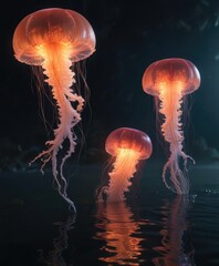 Jellyfish lighting up the dark waters of the shallow bay, underwater, natural