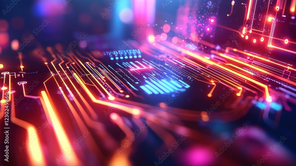 Poster glowing circuit network pulsing with neon data streams, representing digital connectivity and high t