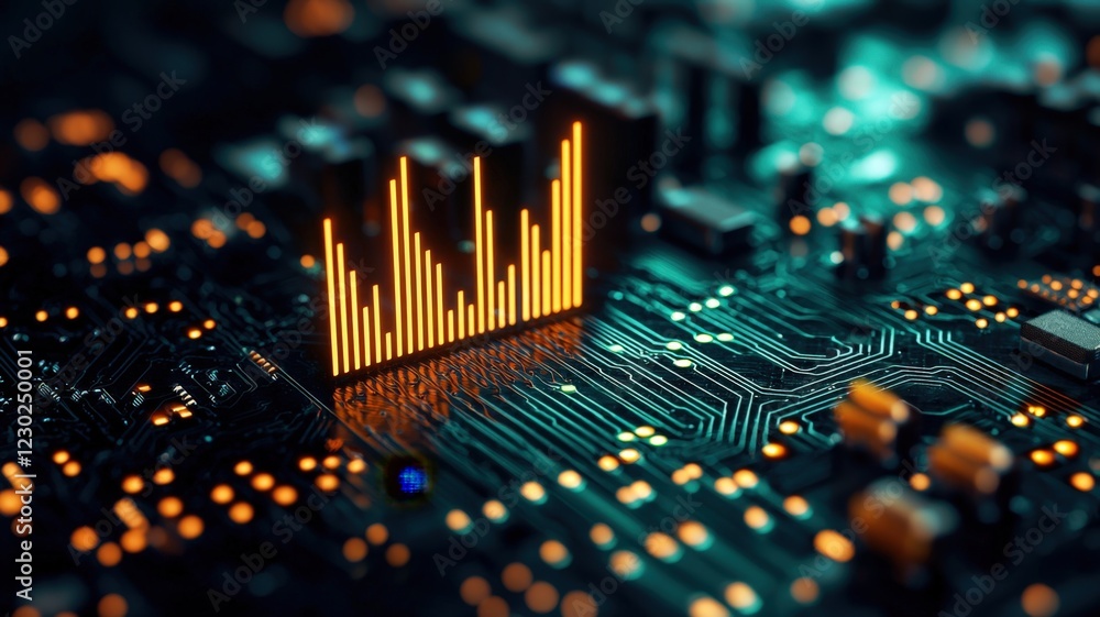 Poster glowing circuit network pulsing with neon data streams, representing digital connectivity and high t