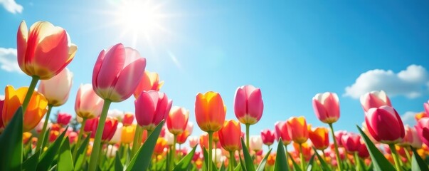 Colorful spring tulips shining brightly against blue sky, colored flowers, blooming