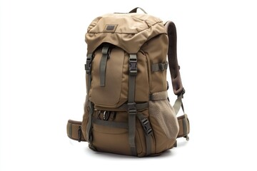 Naklejka premium Military-style backpack with multiple pockets, suitable for hiking and travel. Waterproof, durable construction. Lightweight and spacious interior.