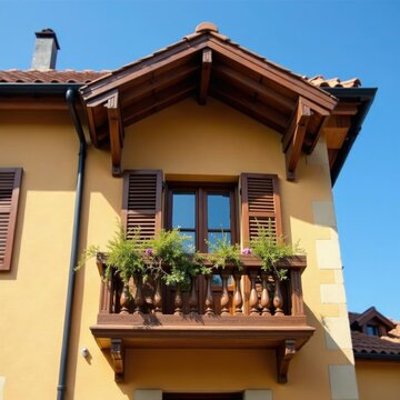 Cornice in legno con balcone a finestre rettangolari, balcone, decorativo