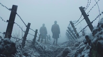 Silhouettes of soldiers marching through a misty battlefield surrounded by barbed wire fencing