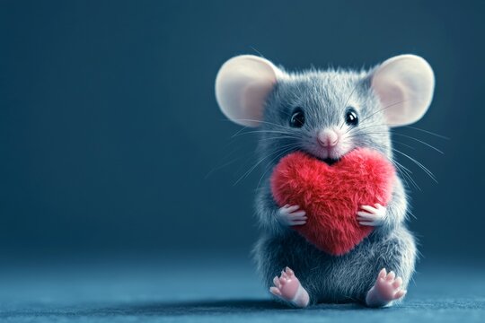 Mouse - my treasured animal. Cute mouse baby with fluffy red heart - emblem of love, funny greeting card. Ad campaign conceptual art. Digital ads creative. February valentine's animals.