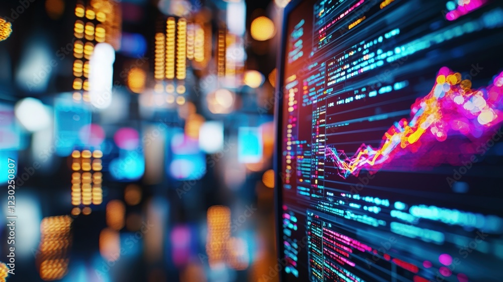 Poster banner, close-up of a digital interface with multiple data screens and holographic charts, technolog