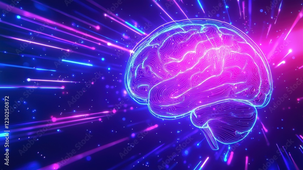 Aufkleber luminous purple blue brain pulsing with data streams, symbolizing advanced ai, neural networks, and 