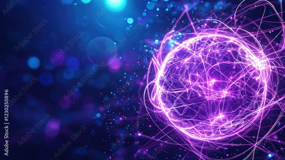 Poster luminous purple blue brain pulsing with data streams, symbolizing advanced ai, neural networks, and 