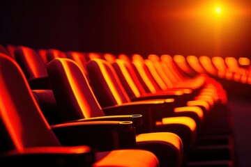 A row of empty cinema seats illuminated by warm lighting.