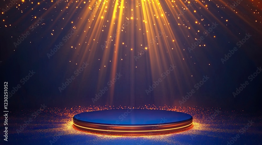 Poster a blue background with orange light rays shining on the circular podium, creating an atmosphere of t