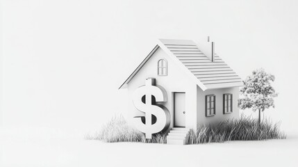 Fototapeta premium A minimalist house model with a dollar sign, symbolizing the connection between home ownership and financial investment, bankruptcy home concepts.