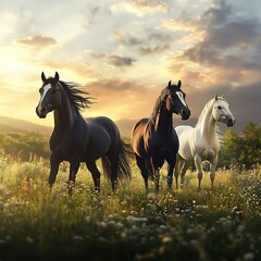 Obraz premium Horses grazing rural landscape with scenic countryside background