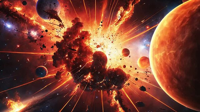 Explosive Cosmic Event with Asteroids and Debris Colliding in Deep Space Amid Fiery Explosion and Glowing Planets

