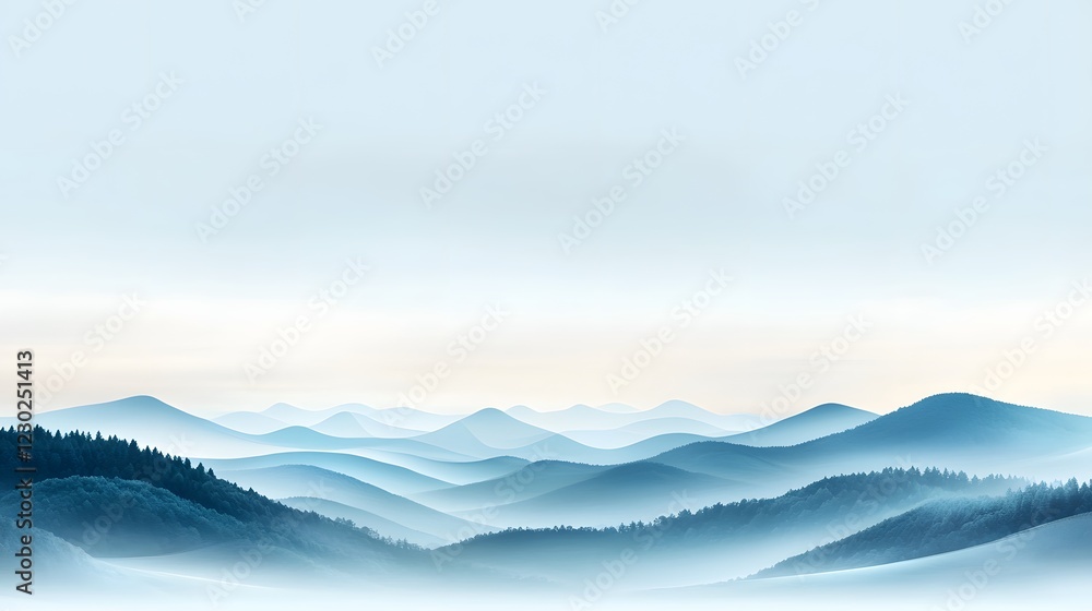 Poster mesmerizing misty mountain landscape with hazy valleys and winding ridges in a serene pristine wilde